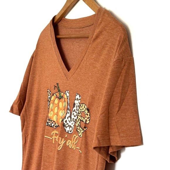 New Fall Y'all Shirt Women's Large Pumpkin Love Leopard V Neck Short Sleeve Top - Picture 5 of 8